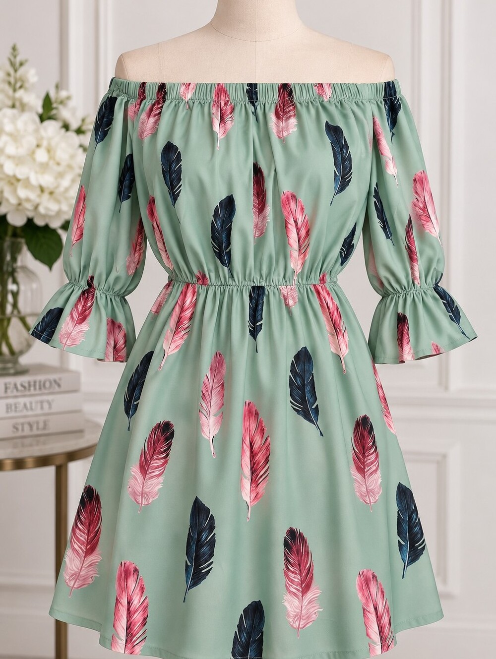 Off-Shoulder Mint Green Feather Print Dress